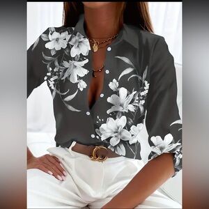 Womens Grey Floral Button Up